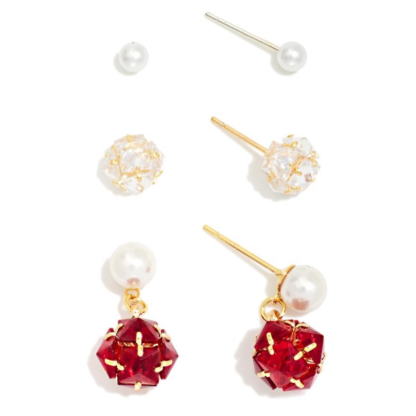 Set Of Three Pearl & Glass Crystal Stud & Drop Earrings 

- Gold Dipped
- Approximately .02" - .75" L