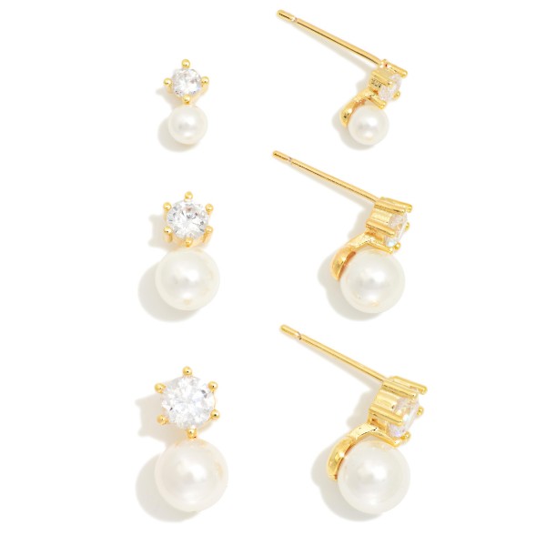 Set of Three Graduated Rhinestone & Pearl Stud Earrings

- Gold Dipped
- Approximately .25" -.50" L