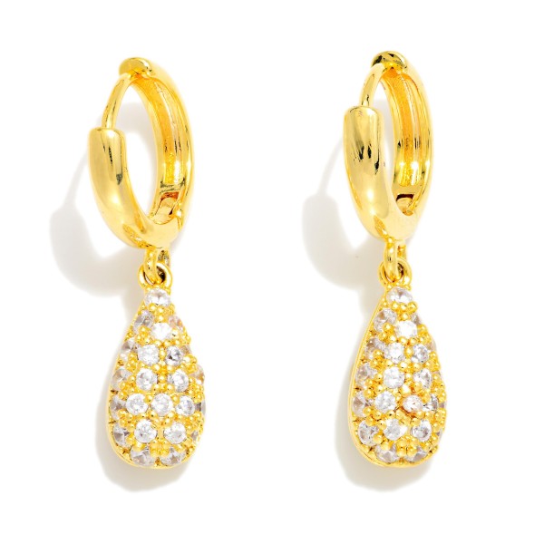 Metal Tone Huggie Hoop Drop Earrings Featuring Pave Rhinestone Teardrop 

- Gold Dipped
- Approximately 1" L