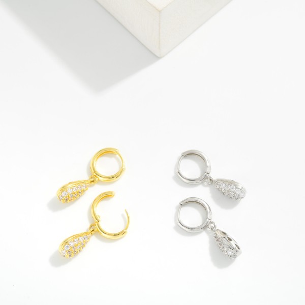 Metal Tone Huggie Hoop Drop Earrings Featuring Pave Rhinestone Teardrop 

- Gold Dipped
- Approximately 1" L
