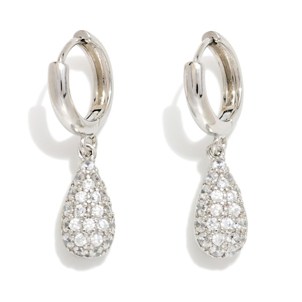 Metal Tone Huggie Hoop Drop Earrings Featuring Pave Rhinestone Teardrop 

- Gold Dipped
- Approximately 1" L