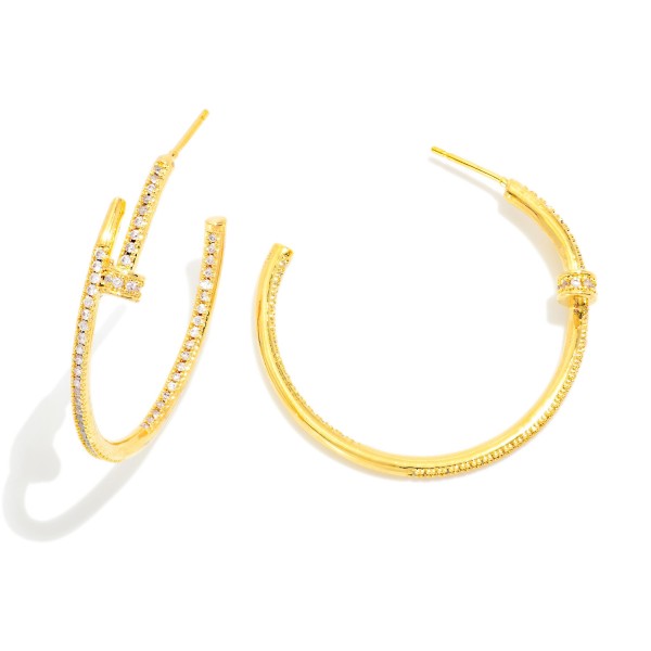 Pave Nail Hoop Earrings with a sleek open hoop design finished by a nail head detail and a line of sparkling cubic zirconia stones. The open front post slides through easily for a comfortable, lightweight fit. Polished enough for the office and glamorous enough for date night or holiday events. A luxe look at an accessible price that boutique shoppers love to gift and buy for themselves.