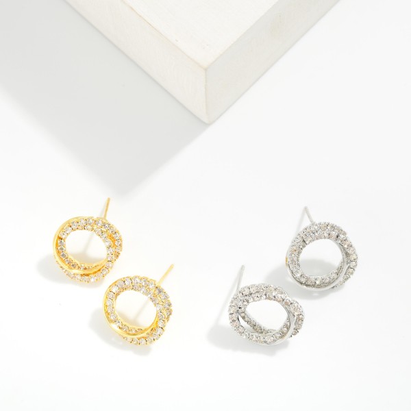 Intertwined Rhinestone & Gold Tone Hoops Post Drop Earrings 

- Approximately .5" L