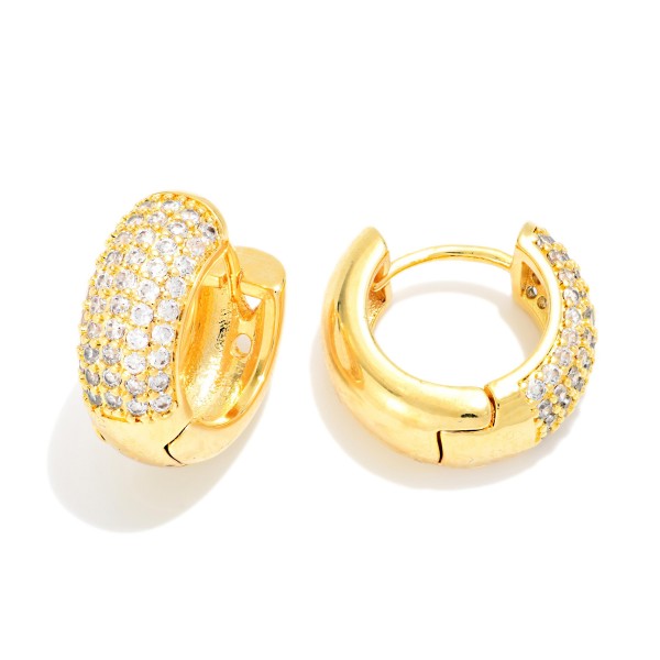 Chunky Pave Rhinestone & Metal Tone Hinged Huggie Hoop Earrings 

- Gold Dipped
- Approximately .35" D