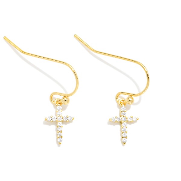 Cubic Zirconia Cross Drop Earrings featuring a petite cross set with sparkling round stones, dangling from a sleek, lightweight fishhook wire. The dainty size makes them comfortable for everyday wear while still catching the light beautifully. A thoughtful gift for baptisms, confirmations, Easter, and Christmas, and an easy match for cross necklaces. Faith inspired jewelry stays in steady demand, making these a reliable year round seller.