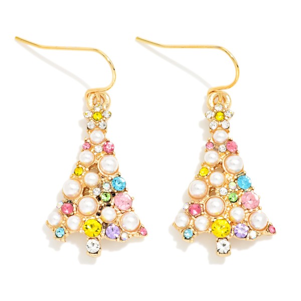 Rhinestone & Pearl Studded Metal Christmas Tree Drop Earrings

- Approximately 1.25" L