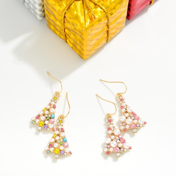 Rhinestone & Pearl Studded Metal Christmas Tree Drop Earrings

- Approximately 1.25" L