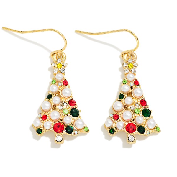 Rhinestone & Pearl Studded Metal Christmas Tree Drop Earrings

- Approximately 1.25" L