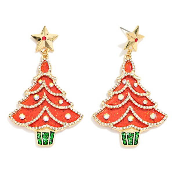Glitter Christmas Tree Drop Earrings with a polished star post top, rhinestone garland trim and faux pearl ornaments on a sparkling enamel tree. Bold, festive and still lightweight, they turn any holiday outfit into a party look. Made for Christmas parties, ugly sweater contests, holiday programs and family photos. A statement holiday style that grabs attention on the display and sells quickly.