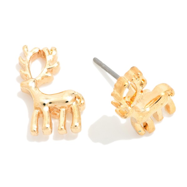 Standing Reindeer Stud Earrings in polished metal with a sweet, rounded reindeer silhouette and branching antlers. Lightweight and comfortable on post backs for everyday holiday wear. A fun pick for Christmas parties, gift exchanges, stocking stuffers and cozy winter outfits. Simple holiday studs sell to every age and make an easy add on at checkout.