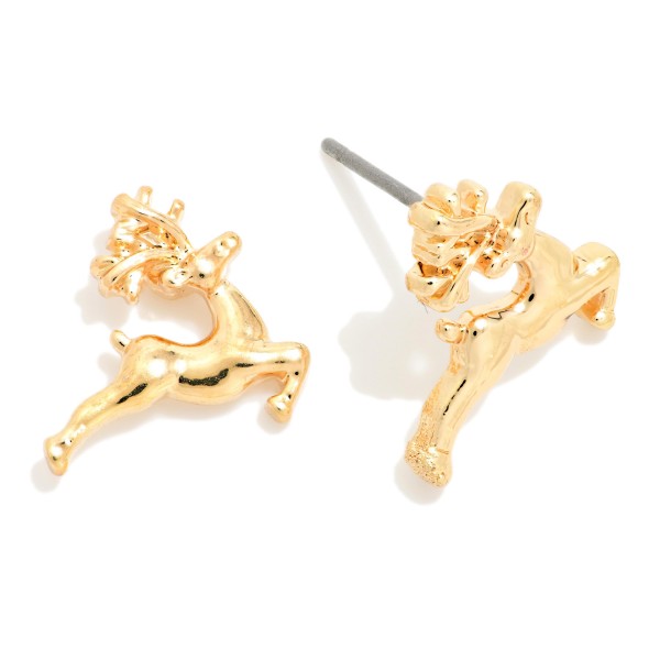 Reindeer Stud Earrings in polished metal with a leaping reindeer silhouette and detailed antlers. Small, lightweight and easy to wear every day of the holiday season on secure post backs. A sweet pick for Christmas parties, teacher gifts, stocking stuffers and festive work outfits. Subtle holiday studs like these sell to every age and are an easy add on at the register.