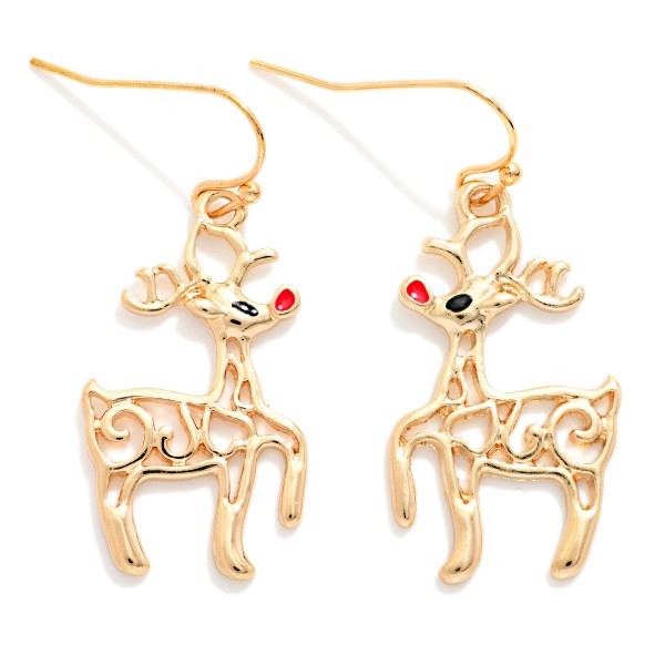 Filigree Reindeer Drop Earrings with an openwork scroll design and a tiny enamel nose for a playful holiday wink. Lightweight fishhook wires keep them comfortable through long parties and events. Perfect for Christmas parties, school programs, and holiday family photos. An elegant yet fun holiday style at an easy price point, making it a quick seller from Thanksgiving through Christmas.