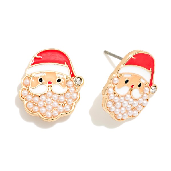 Santa Claus Stud Earrings with a glossy enamel hat and a fluffy beard made of tiny faux pearls, finished with a sparkling rhinestone pom pom. The petite size and post backs make them comfortable for all day wear. A sweet pick for school holiday parties, Christmas photos, and church services. Cute holiday studs like these are a top stocking stuffer and an easy add on at the register.