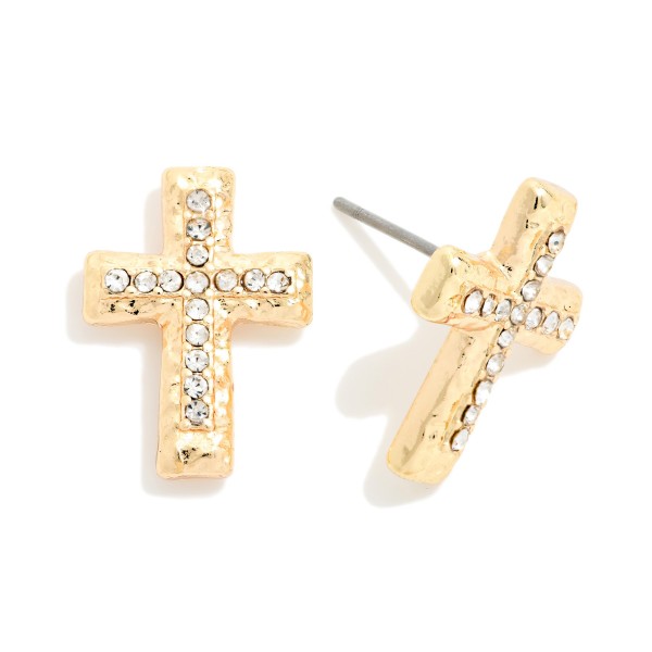 Rhinestone Cross Stud Earrings with a hammered metal cross inlaid with a line of sparkling crystals. The petite size and post backs make them comfortable for everyday wear, from Sunday service to weekday errands. A meaningful gift for Easter, Christmas, baptisms, confirmations and Mother's Day. Faith studs at an easy impulse price that boutiques reorder all year.