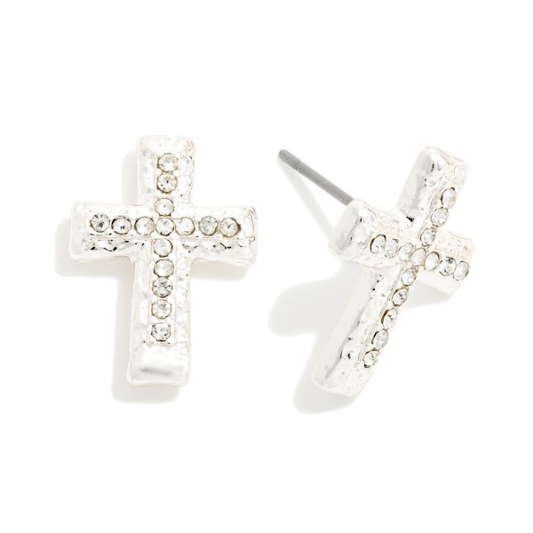 Rhinestone Cross Stud Earrings with a hammered metal cross inlaid with a line of sparkling crystals. The petite size and post backs make them comfortable for everyday wear, from Sunday service to weekday errands. A meaningful gift for Easter, Christmas, baptisms, confirmations and Mother's Day. Faith studs at an easy impulse price that boutiques reorder all year.