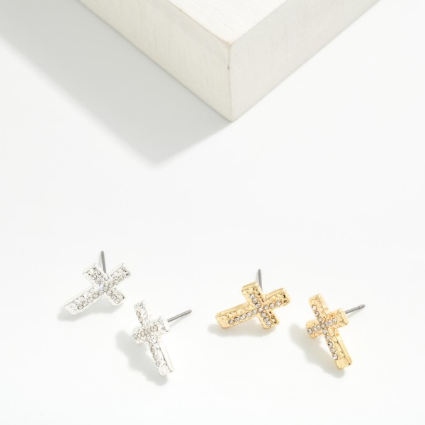 Rhinestone Cross Stud Earrings with a hammered metal cross inlaid with a line of sparkling crystals. The petite size and post backs make them comfortable for everyday wear, from Sunday service to weekday errands. A meaningful gift for Easter, Christmas, baptisms, confirmations and Mother's Day. Faith studs at an easy impulse price that boutiques reorder all year.