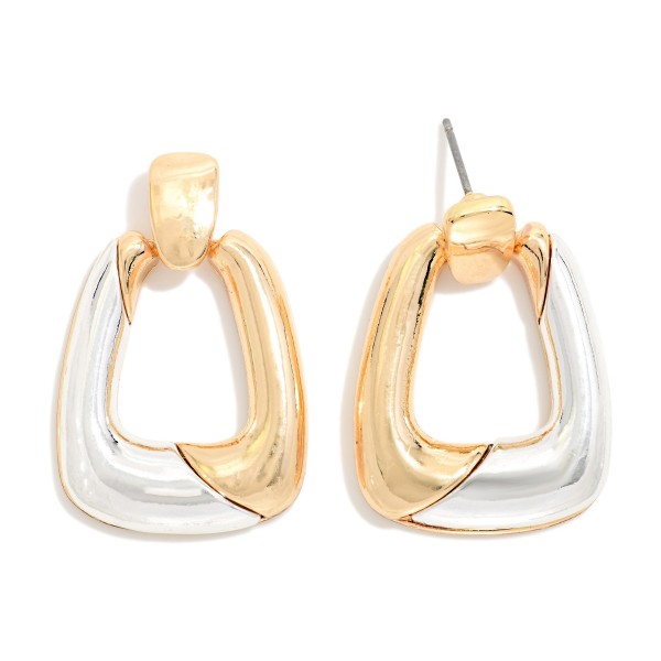 Two Tone Door Knocker Earrings with a puffy rounded square hoop split between contrasting metal finishes, hanging from a polished post top. The chunky shape looks bold but feels light, so they are easy to wear all day. A modern mixed metal pick for work, weekends and holiday parties. Two tone styles go with any jewelry she already owns, which makes them an easy sell.