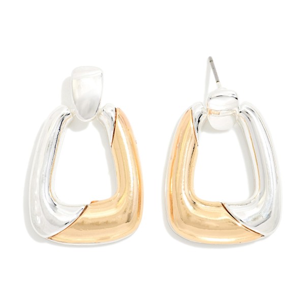 Two Tone Door Knocker Earrings with a puffy rounded square hoop split between contrasting metal finishes, hanging from a polished post top. The chunky shape looks bold but feels light, so they are easy to wear all day. A modern mixed metal pick for work, weekends and holiday parties. Two tone styles go with any jewelry she already owns, which makes them an easy sell.