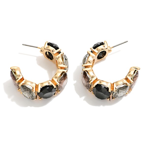 Crystal Hoop Earrings lined with oval faceted stones in polished prong settings for a bold, jeweled open hoop. Post backs keep them secure, and the C hoop shape sits close to the ear for all night comfort. Perfect for holiday parties, weddings, date nights and New Year's Eve. A glam statement hoop that sells fast in every colorway on display.