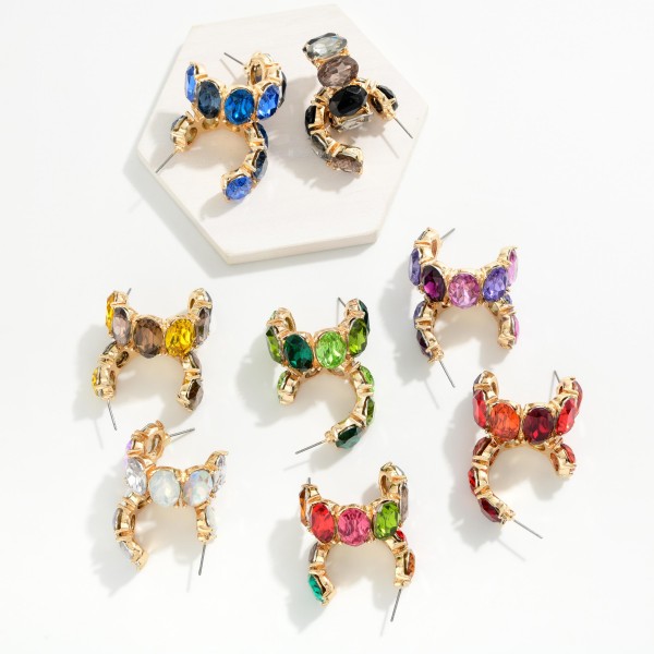 Crystal Hoop Earrings lined with oval faceted stones in polished prong settings for a bold, jeweled open hoop. Post backs keep them secure, and the C hoop shape sits close to the ear for all night comfort. Perfect for holiday parties, weddings, date nights and New Year's Eve. A glam statement hoop that sells fast in every colorway on display.