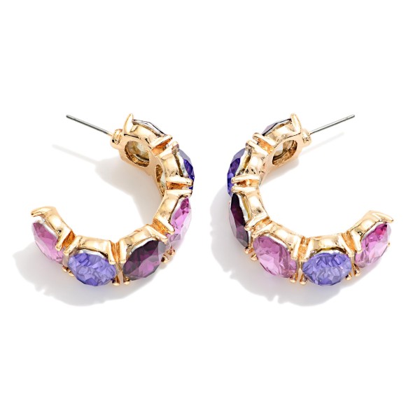 Crystal Hoop Earrings lined with oval faceted stones in polished prong settings for a bold, jeweled open hoop. Post backs keep them secure, and the C hoop shape sits close to the ear for all night comfort. Perfect for holiday parties, weddings, date nights and New Year's Eve. A glam statement hoop that sells fast in every colorway on display.