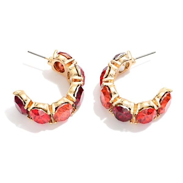 Crystal Hoop Earrings lined with oval faceted stones in polished prong settings for a bold, jeweled open hoop. Post backs keep them secure, and the C hoop shape sits close to the ear for all night comfort. Perfect for holiday parties, weddings, date nights and New Year's Eve. A glam statement hoop that sells fast in every colorway on display.