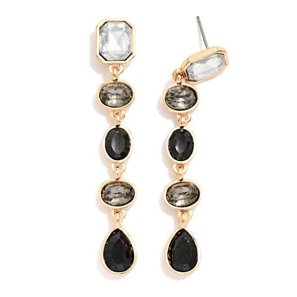 Linear Crystal Drop Earrings stacking five faceted stones in mixed cuts, from a rectangle post top through ovals to a teardrop finish, each set in a polished bezel. They move and sparkle with every turn while staying light enough for all night wear. Made for holiday parties, weddings, galas and New Year's Eve. A head turning statement drop at a price that makes it an easy add on.