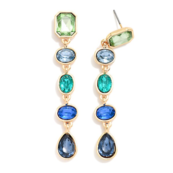 Linear Crystal Drop Earrings stacking five faceted stones in mixed cuts, from a rectangle post top through ovals to a teardrop finish, each set in a polished bezel. They move and sparkle with every turn while staying light enough for all night wear. Made for holiday parties, weddings, galas and New Year's Eve. A head turning statement drop at a price that makes it an easy add on.