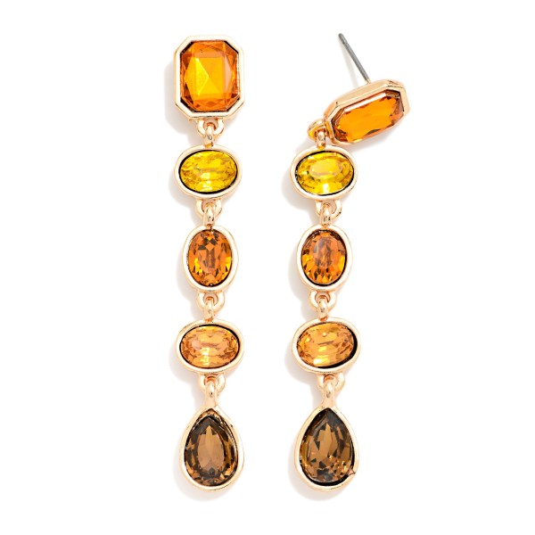 Linear Crystal Drop Earrings stacking five faceted stones in mixed cuts, from a rectangle post top through ovals to a teardrop finish, each set in a polished bezel. They move and sparkle with every turn while staying light enough for all night wear. Made for holiday parties, weddings, galas and New Year's Eve. A head turning statement drop at a price that makes it an easy add on.