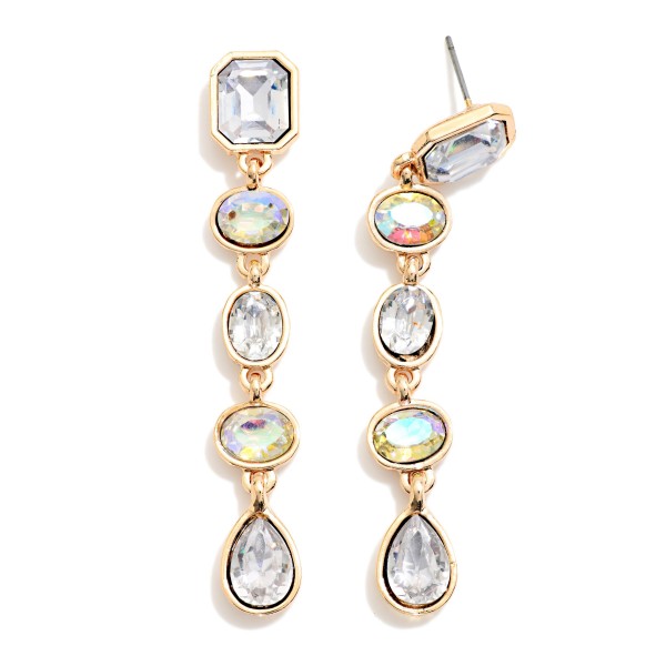 Linear Crystal Drop Earrings stacking five faceted stones in mixed cuts, from a rectangle post top through ovals to a teardrop finish, each set in a polished bezel. They move and sparkle with every turn while staying light enough for all night wear. Made for holiday parties, weddings, galas and New Year's Eve. A head turning statement drop at a price that makes it an easy add on.