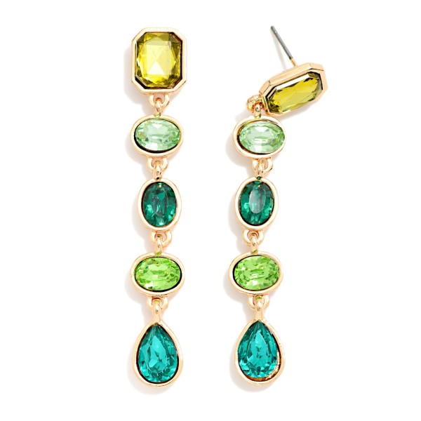 Linear Crystal Drop Earrings stacking five faceted stones in mixed cuts, from a rectangle post top through ovals to a teardrop finish, each set in a polished bezel. They move and sparkle with every turn while staying light enough for all night wear. Made for holiday parties, weddings, galas and New Year's Eve. A head turning statement drop at a price that makes it an easy add on.