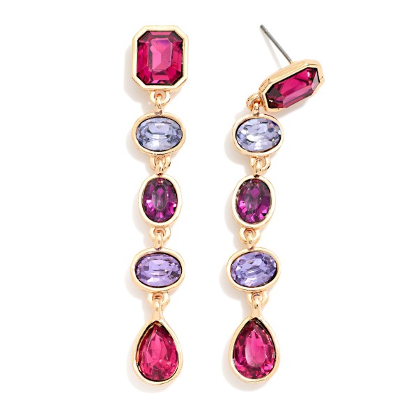 Linear Crystal Drop Earrings stacking five faceted stones in mixed cuts, from a rectangle post top through ovals to a teardrop finish, each set in a polished bezel. They move and sparkle with every turn while staying light enough for all night wear. Made for holiday parties, weddings, galas and New Year's Eve. A head turning statement drop at a price that makes it an easy add on.