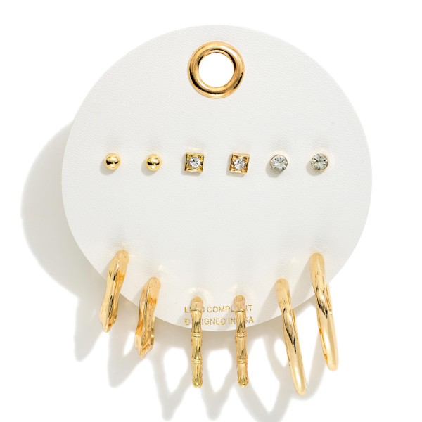 Everyday Stud and Hoop Earring Set with six pairs on one card: three petite studs, including a polished ball, a square crystal, and a round crystal, plus three hoops in chunky, bamboo, and slim styles. Mix and match options cover every piercing and every outfit, from workdays to weekends. Lead compliant and easy to wear, it is a go to gift for teens, teachers, and anyone building a jewelry wardrobe. Great value per pair makes this set a reliable fast mover at the register.
