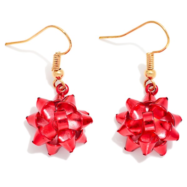 Gift Bow Drop Earrings shaped like a shiny package topper, with layered metallic loops that capture the look of a real present bow. Lightweight fishhook wires keep them comfortable for all day wear at work, school, and holiday parties. A cute, conversation starting accessory for gift exchanges, wrapping parties, and Christmas morning photos. Simple, fun, and priced as an impulse buy, these are a natural add on at checkout.