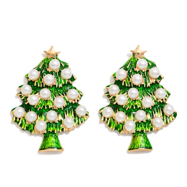 Pearl Christmas Tree Stud Earrings with glossy enamel branches dotted with faux pearl ornaments and topped with a tiny polished star. The bold tree silhouette sits flat against the ear on a secure post, so they stay comfortable for all day wear. A classic take on holiday jewelry that pairs with cozy sweaters and party dresses alike. Easy to gift and easy to sell, these studs are a dependable holiday staple.