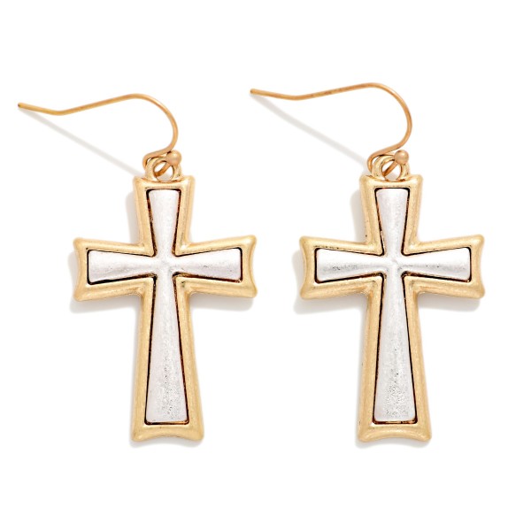 Mixed Metal Cross Drop Earrings featuring a framed cross with a contrasting brushed metal inlay, hanging from fishhook wires. The mixed metal finish makes them easy to pair with any jewelry collection. Lightweight and comfortable for all day wear. A faith inspired style that coordinates with the matching cross necklaces, ideal for gifting at Easter, Christmas, and baptisms.