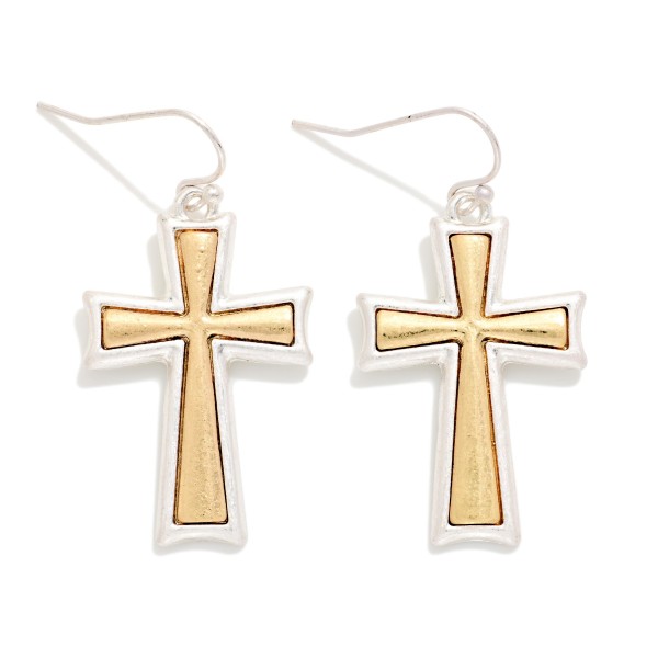 Mixed Metal Cross Drop Earrings featuring a framed cross with a contrasting brushed metal inlay, hanging from fishhook wires. The mixed metal finish makes them easy to pair with any jewelry collection. Lightweight and comfortable for all day wear. A faith inspired style that coordinates with the matching cross necklaces, ideal for gifting at Easter, Christmas, and baptisms.
