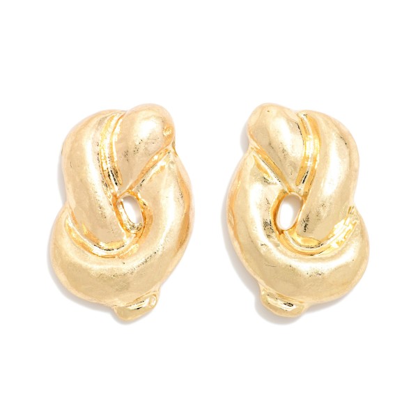 Chunky Knot Stud Earrings with a sculpted, puffy knot design in a soft brushed metal finish. The bold, dimensional shape makes a statement while staying close to the ear. Post backs for secure, comfortable wear. A polished everyday earring that works with casual and dressy looks, and a dependable seller for customers who love chunky metal styles.