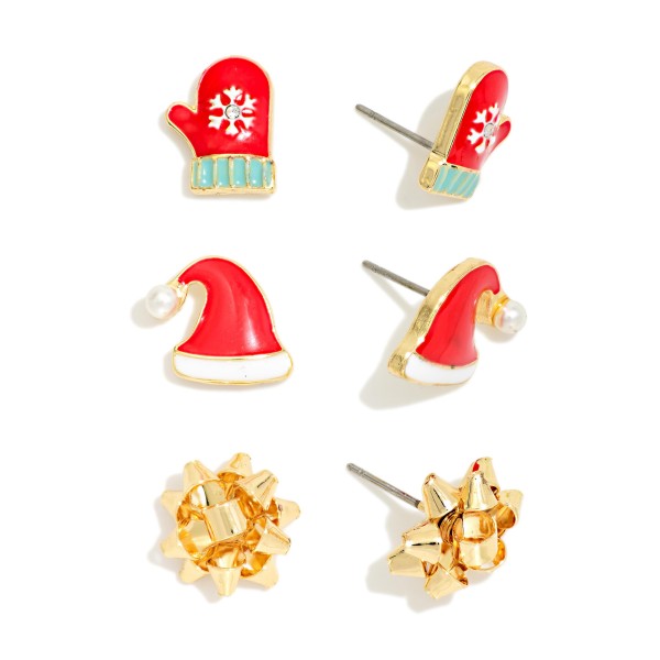 Christmas Stud Earring Set with three festive pairs: a cozy snowflake mitten, a Santa hat with a pearl pom, and a shiny gift bow, all finished in glossy enamel over polished metal. Lightweight posts keep them comfortable for all day wear at work, school, and holiday parties. Shoppers can switch styles all season or split the set into stocking stuffers and small gifts. A cheerful, budget friendly holiday add on that moves quickly at the register.