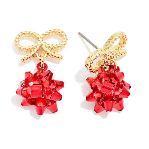Christmas Gift Bow Drop Earrings featuring a textured rope bow post with a festive present style bow dangling below. Lightweight construction keeps them comfortable through holiday parties, school programs, and family gatherings. A playful pick for teachers, ugly sweater nights, and gift exchanges. Seasonal earrings like these sell through quickly from November into December, so they are a smart early stock up.