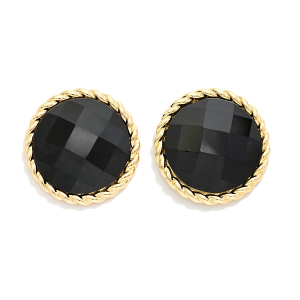 Faceted Stone Button Stud Earrings with a round cabochon framed by a twisted rope edge. The faceted surface reflects light softly, giving these studs a vintage inspired richness that works from the office to dinner out. Comfortable post backs and a lightweight build make them easy to wear all day. Bold button studs are a top fall trend, and this classic shape is a dependable seller that pairs with everything from turtlenecks to blazers.