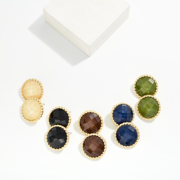 Faceted Stone Button Stud Earrings with a round cabochon framed by a twisted rope edge. The faceted surface reflects light softly, giving these studs a vintage inspired richness that works from the office to dinner out. Comfortable post backs and a lightweight build make them easy to wear all day. Bold button studs are a top fall trend, and this classic shape is a dependable seller that pairs with everything from turtlenecks to blazers.