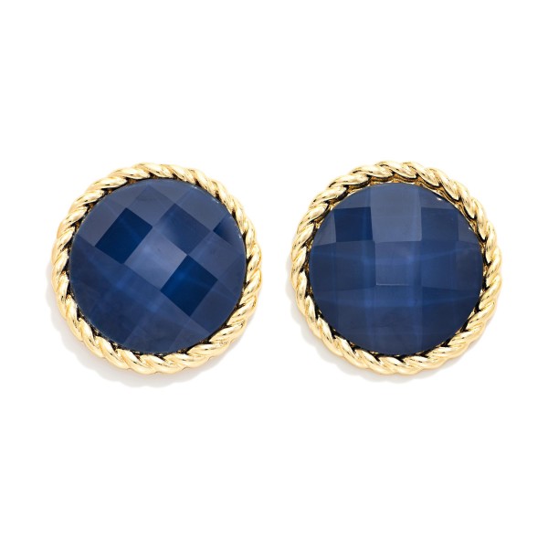 Faceted Stone Button Stud Earrings with a round cabochon framed by a twisted rope edge. The faceted surface reflects light softly, giving these studs a vintage inspired richness that works from the office to dinner out. Comfortable post backs and a lightweight build make them easy to wear all day. Bold button studs are a top fall trend, and this classic shape is a dependable seller that pairs with everything from turtlenecks to blazers.