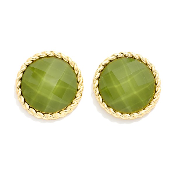 Faceted Stone Button Stud Earrings with a round cabochon framed by a twisted rope edge. The faceted surface reflects light softly, giving these studs a vintage inspired richness that works from the office to dinner out. Comfortable post backs and a lightweight build make them easy to wear all day. Bold button studs are a top fall trend, and this classic shape is a dependable seller that pairs with everything from turtlenecks to blazers.