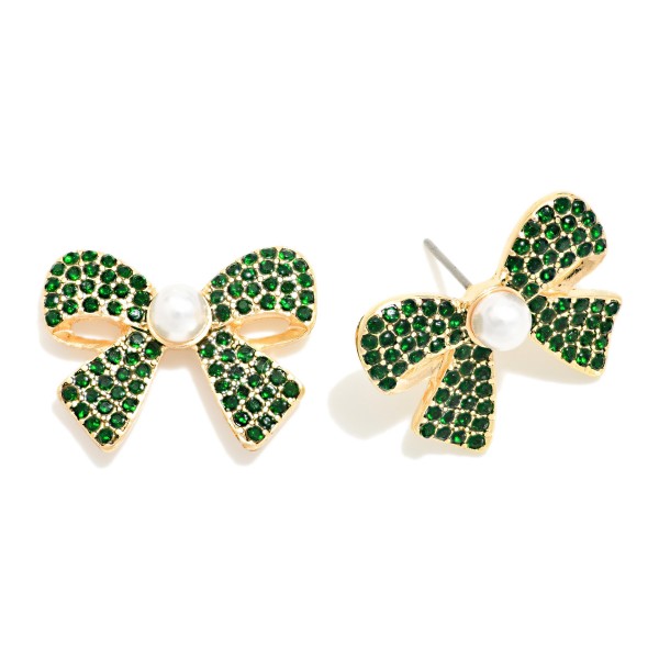 Rhinestone Bow Stud Earrings with a pearl center, featuring pave set crystals across a classic bow silhouette on comfortable post backs. The bow trend is still going strong, and these sparkle enough for holiday parties while staying easy to wear every day. A sweet pick for teacher gifts, friend gifts, and stocking stuffers. Displayed by the register, they make a quick add on that moves fast all season.
