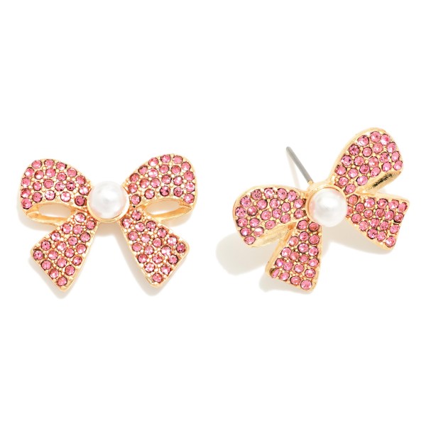 Rhinestone Bow Stud Earrings with a pearl center, featuring pave set crystals across a classic bow silhouette on comfortable post backs. The bow trend is still going strong, and these sparkle enough for holiday parties while staying easy to wear every day. A sweet pick for teacher gifts, friend gifts, and stocking stuffers. Displayed by the register, they make a quick add on that moves fast all season.