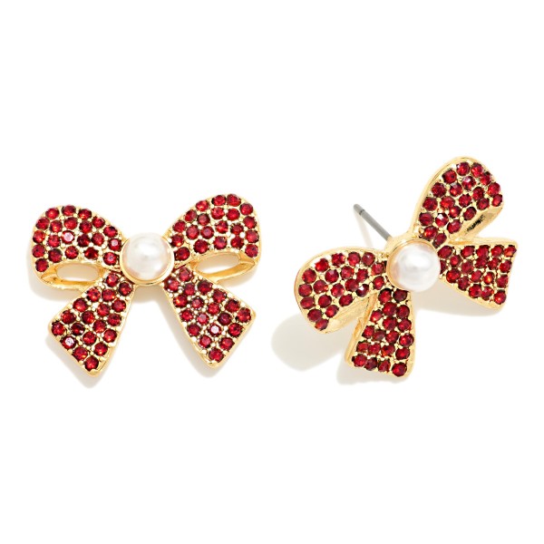 Rhinestone Bow Stud Earrings with a pearl center, featuring pave set crystals across a classic bow silhouette on comfortable post backs. The bow trend is still going strong, and these sparkle enough for holiday parties while staying easy to wear every day. A sweet pick for teacher gifts, friend gifts, and stocking stuffers. Displayed by the register, they make a quick add on that moves fast all season.