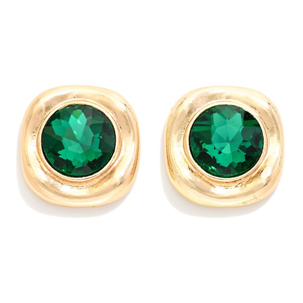 Crystal Button Stud Earrings with a round faceted glass stone set in a puffy, softly squared metal frame. The sculpted setting gives a bold, modern edge while the stone adds rich sparkle near the face. Post backs and a lightweight build make them comfortable for all day wear. Sparkling statement studs are a holiday season favorite, and at this price they are an easy gift and impulse add at checkout.