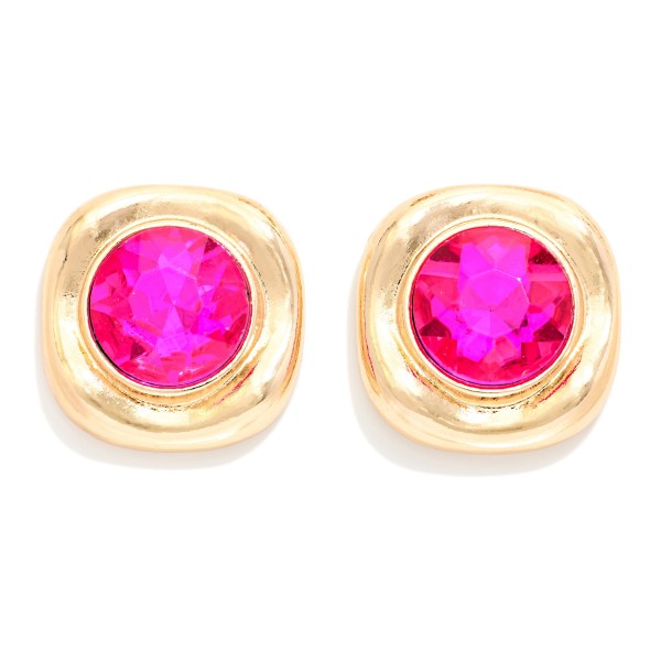 Crystal Button Stud Earrings with a round faceted glass stone set in a puffy, softly squared metal frame. The sculpted setting gives a bold, modern edge while the stone adds rich sparkle near the face. Post backs and a lightweight build make them comfortable for all day wear. Sparkling statement studs are a holiday season favorite, and at this price they are an easy gift and impulse add at checkout.