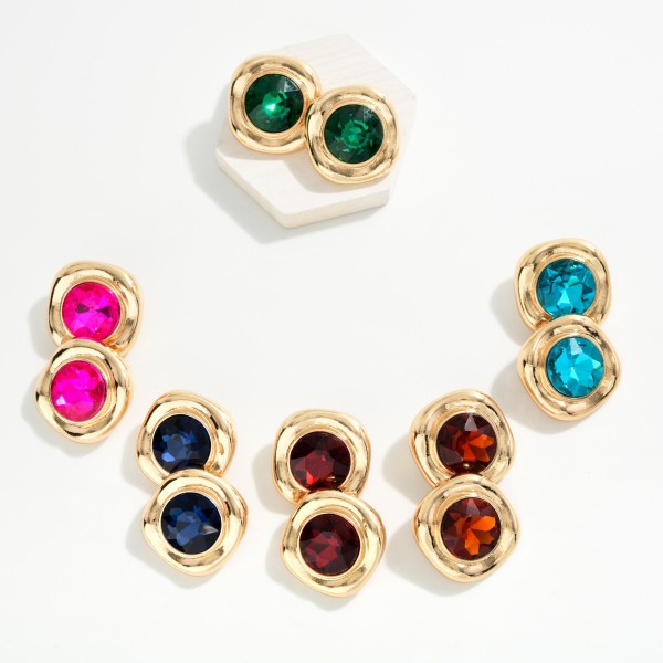 Crystal Button Stud Earrings with a round faceted glass stone set in a puffy, softly squared metal frame. The sculpted setting gives a bold, modern edge while the stone adds rich sparkle near the face. Post backs and a lightweight build make them comfortable for all day wear. Sparkling statement studs are a holiday season favorite, and at this price they are an easy gift and impulse add at checkout.